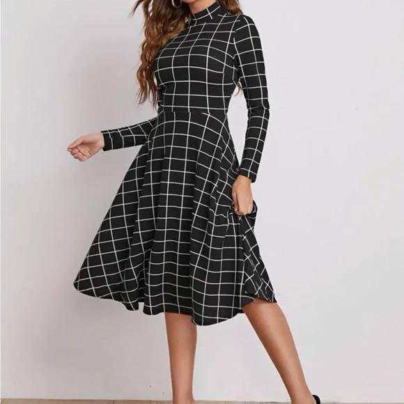 Dresses | Felegant Mockneck Grid Flare Mididress | Poshmark